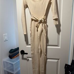 Cream Long Sleeve Knit Dress with Belt
